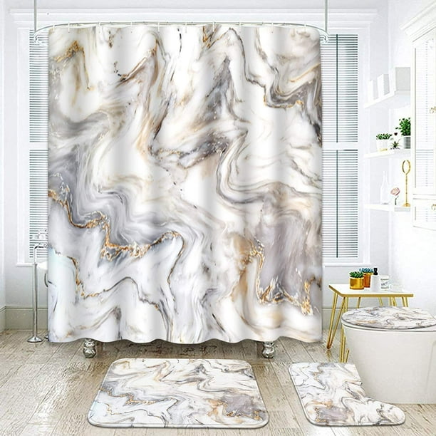 Abstract Black and White Marble Pattern Shower Curtain Set Waterproof Fabric 72" 